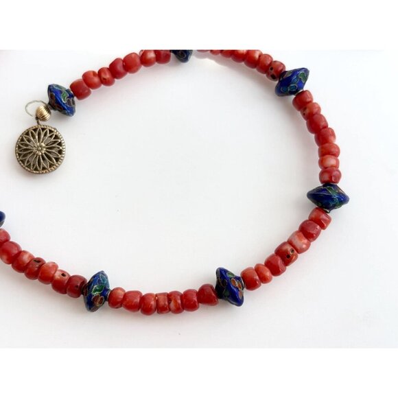 Coral & Blue Cloisonne Floral Beaded Vintage Sterling Silver 925 Necklace 15.5" - Picture 2 of 10